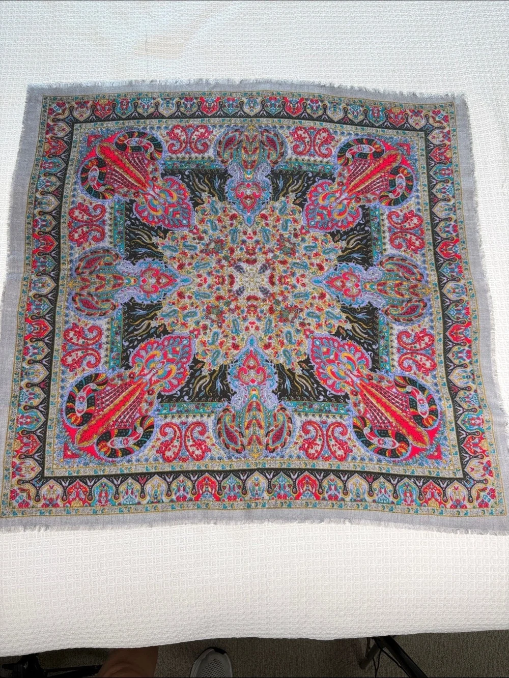 Square gray scarf with colorful paisley traditional print